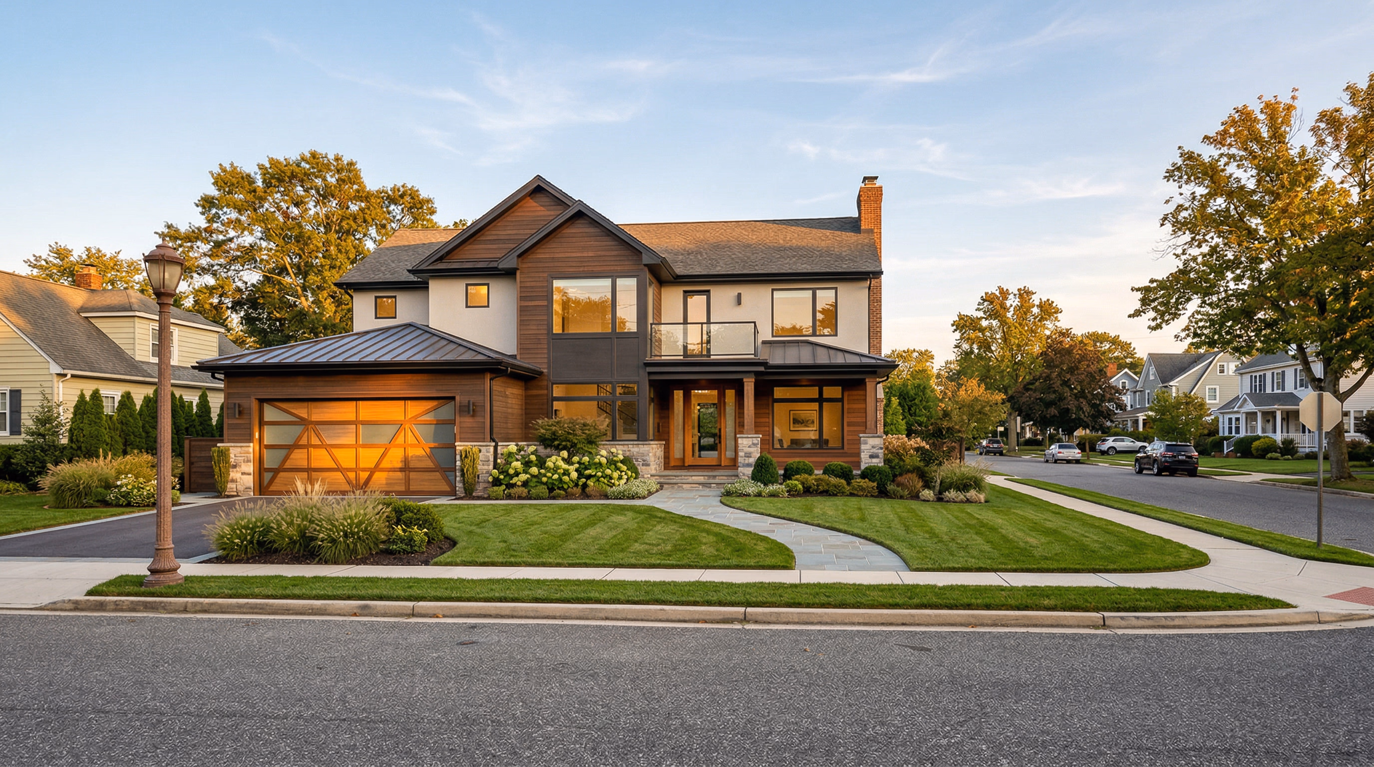 Elegant home with striking modern garage door featuring geometric panel design