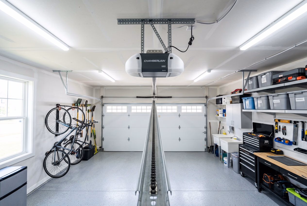 Garage door opener drive rail and motor housing visible on residential garage ceiling