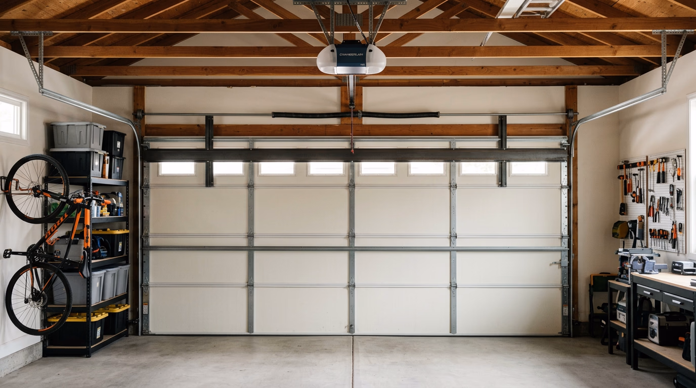 Residential garage door interior showing overhead track and spring system