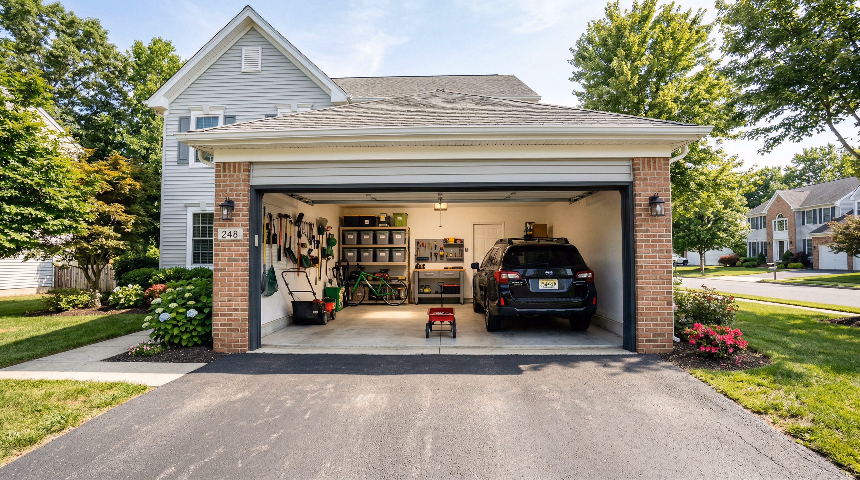 Residential garage with open door in a South Jersey neighborhood highlighting safety