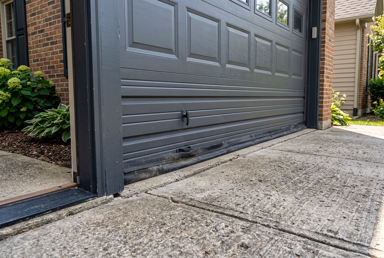Bottom of a garage door showing the weatherstrip seal and safety sensor area