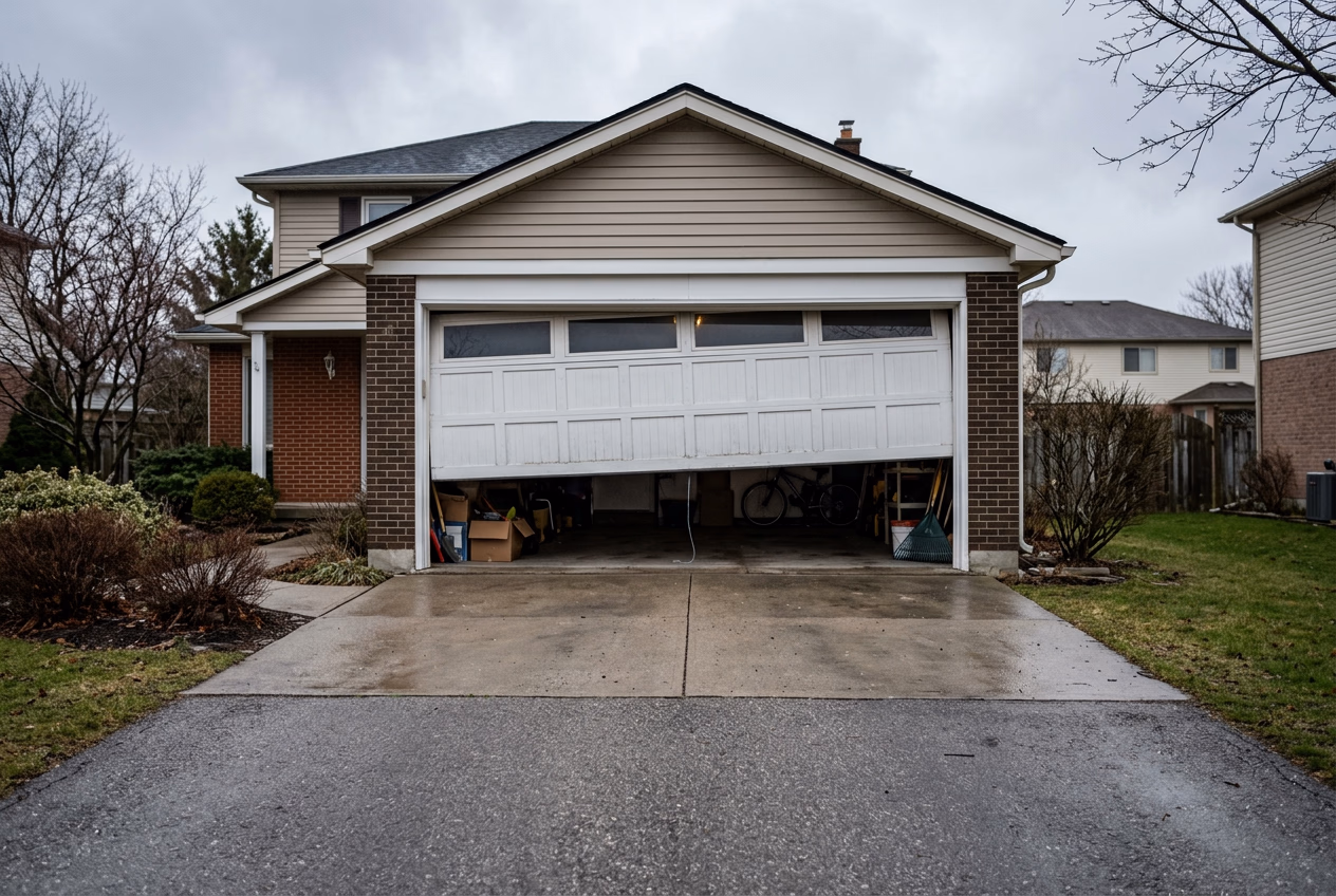 Garage door stuck partially open indicating possible spring failure
