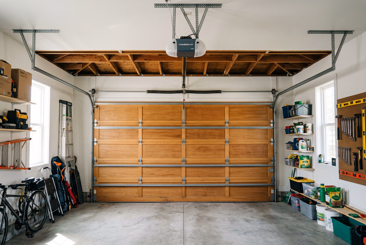 Interior view of a residential garage door showing the overhead spring and track system