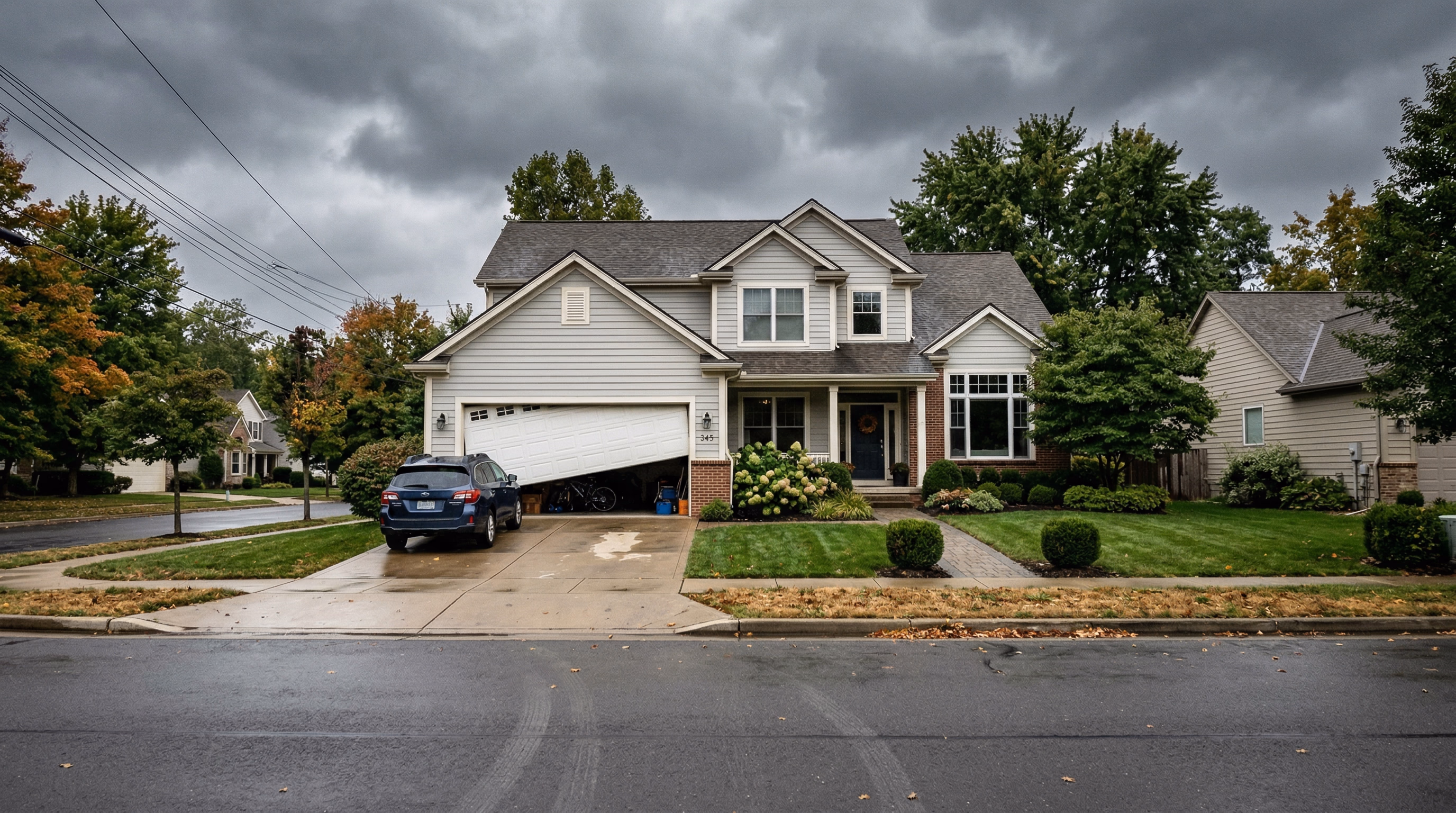 Residential garage door stuck halfway open requiring troubleshooting