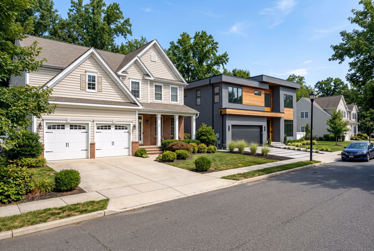 Two neighboring homes with traditional and contemporary garage door styles