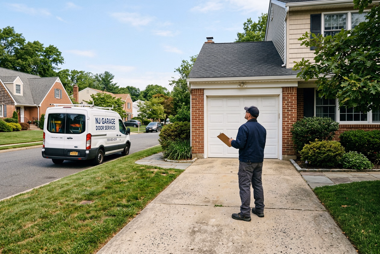 Professional technician evaluating a residential garage door condition during assessment