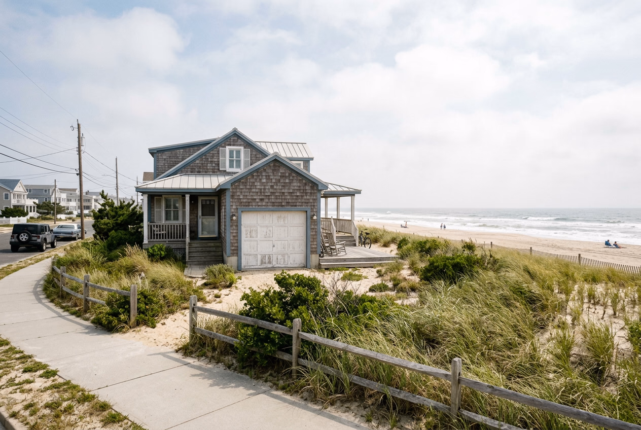 Coastal Jersey Shore home with garage door exposed to salt air and ocean environment
