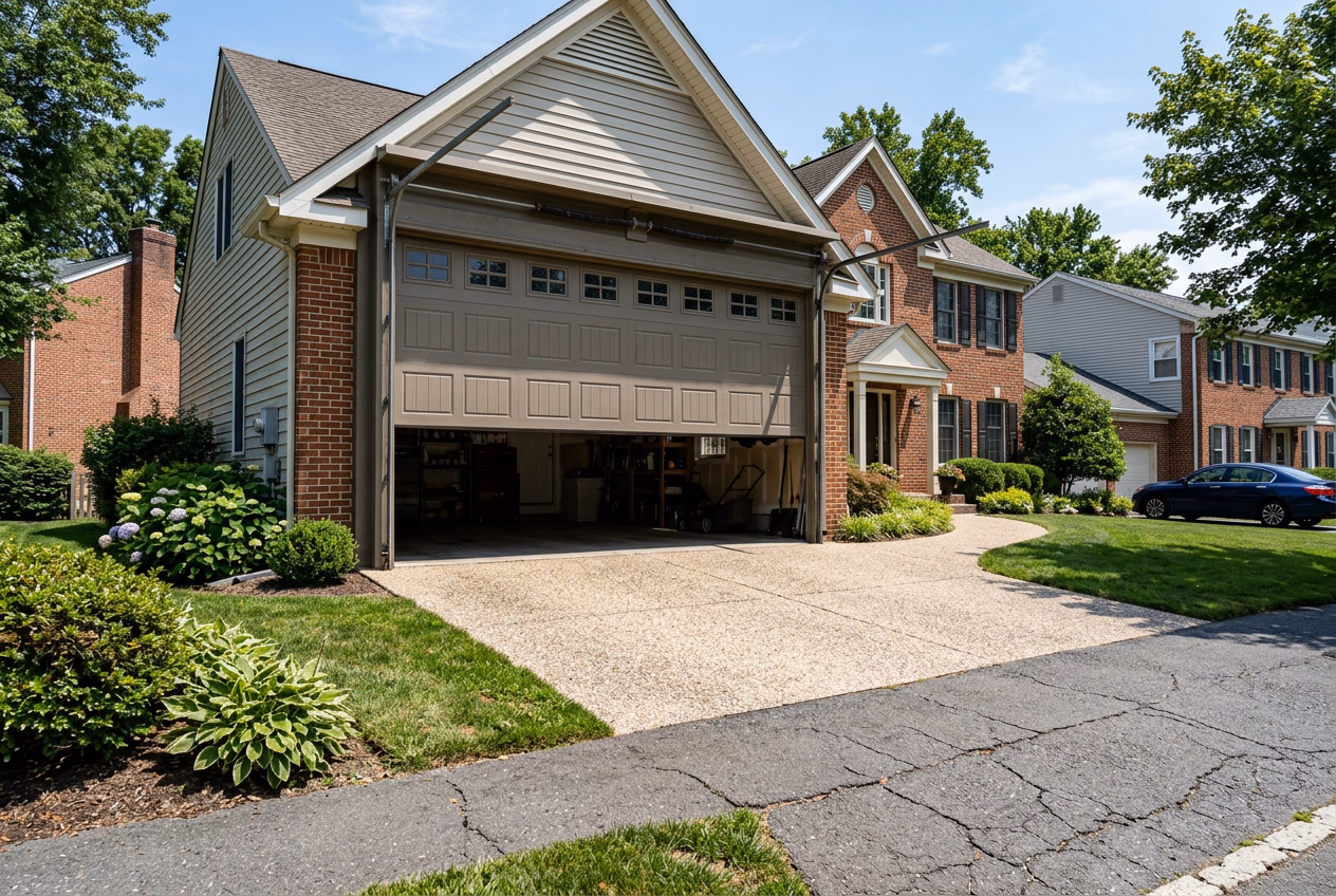 Large residential garage door partially open showing its substantial size and weight
