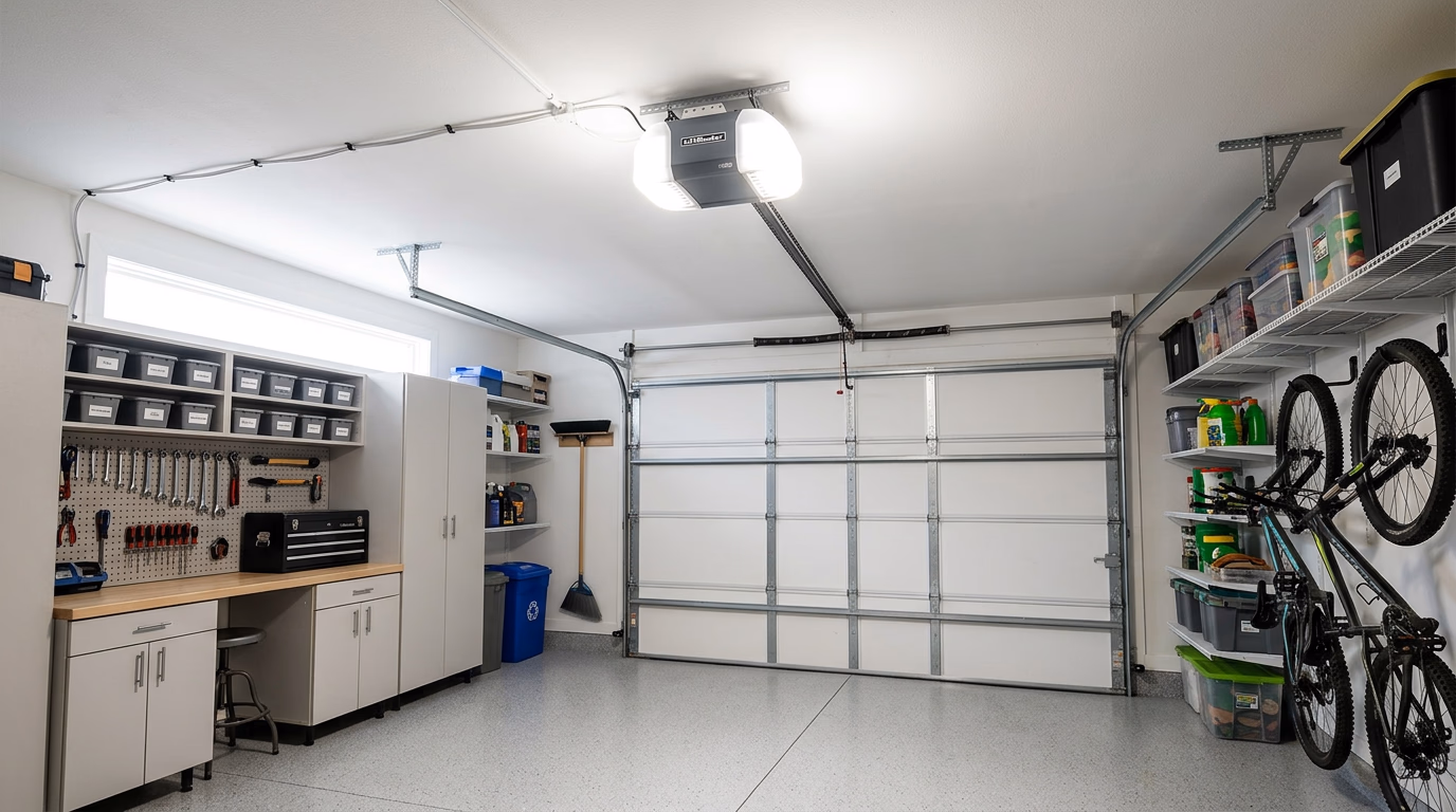 Modern garage door opener unit with LED lighting installed on residential garage ceiling