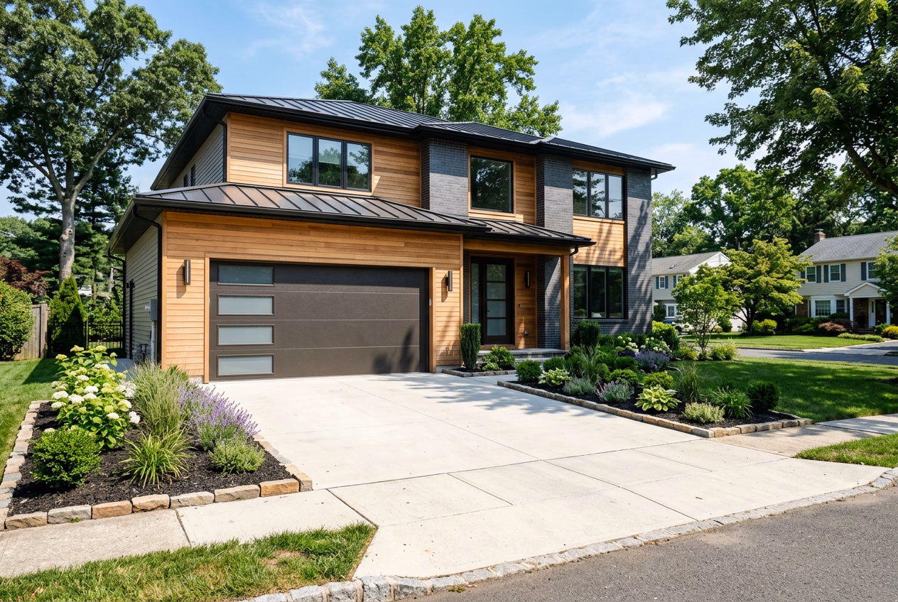 Newly installed garage door complementing modern suburban home architecture