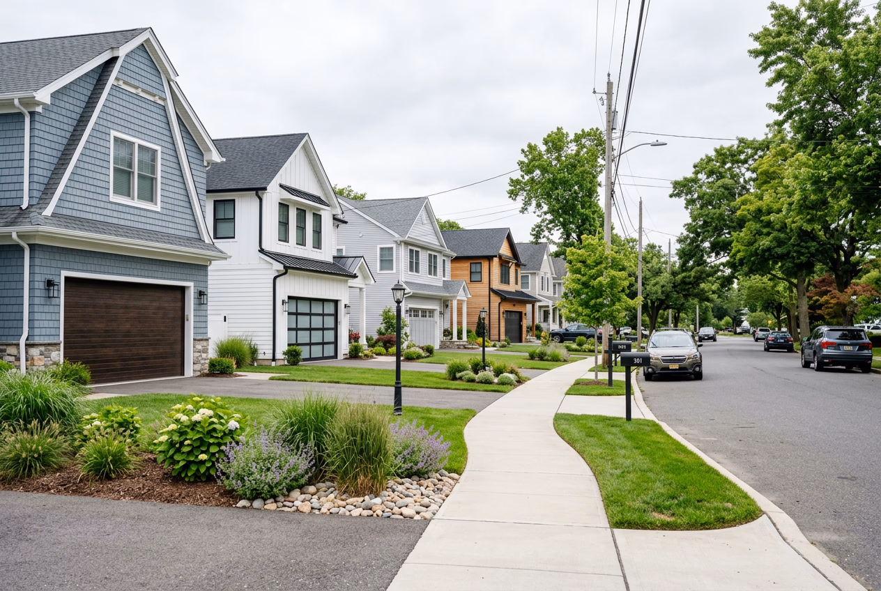 Row of South Jersey homes showcasing modern garage doors with coastal landscaping