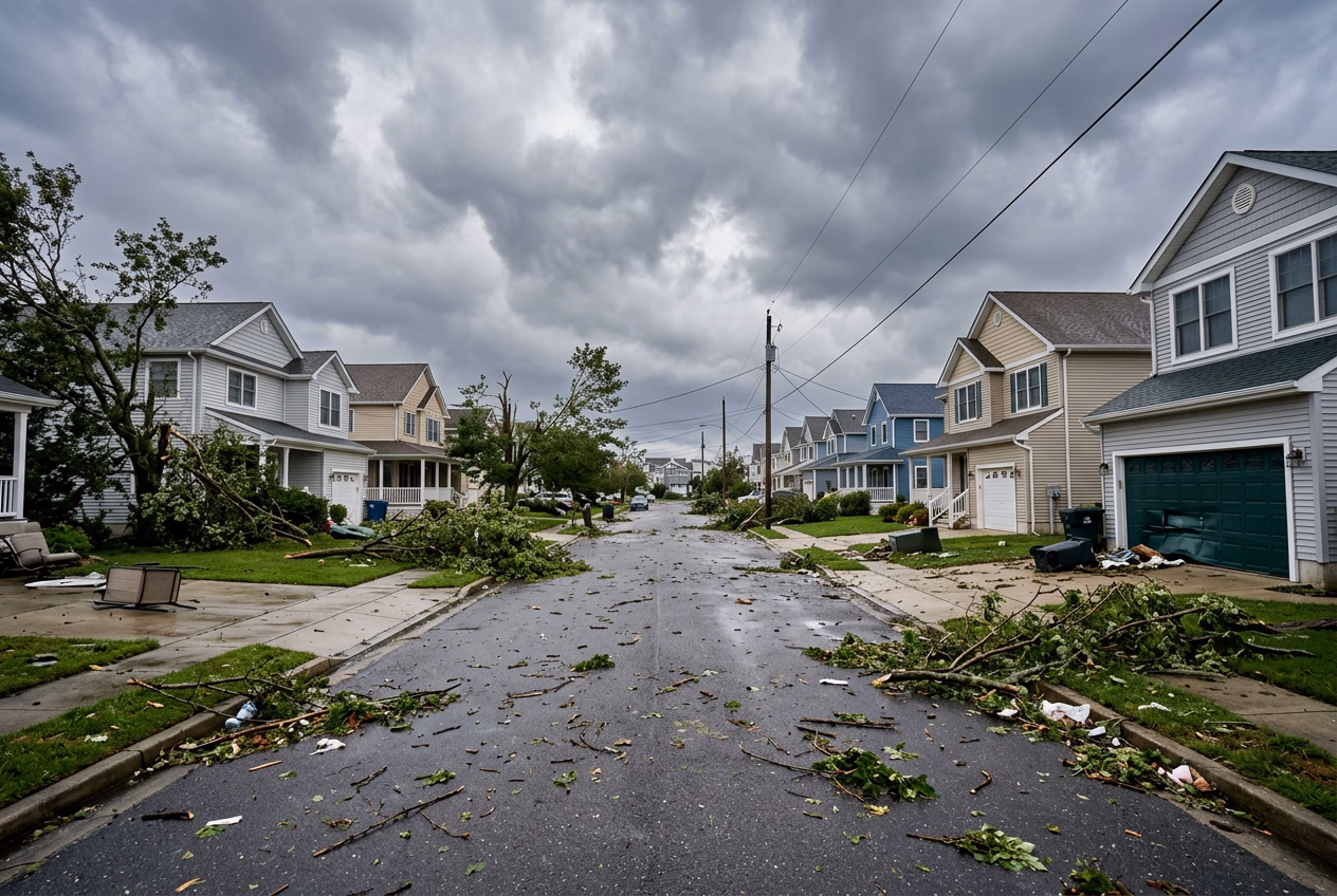 South Jersey coastal neighborhood showing storm aftermath and impact on garage doors