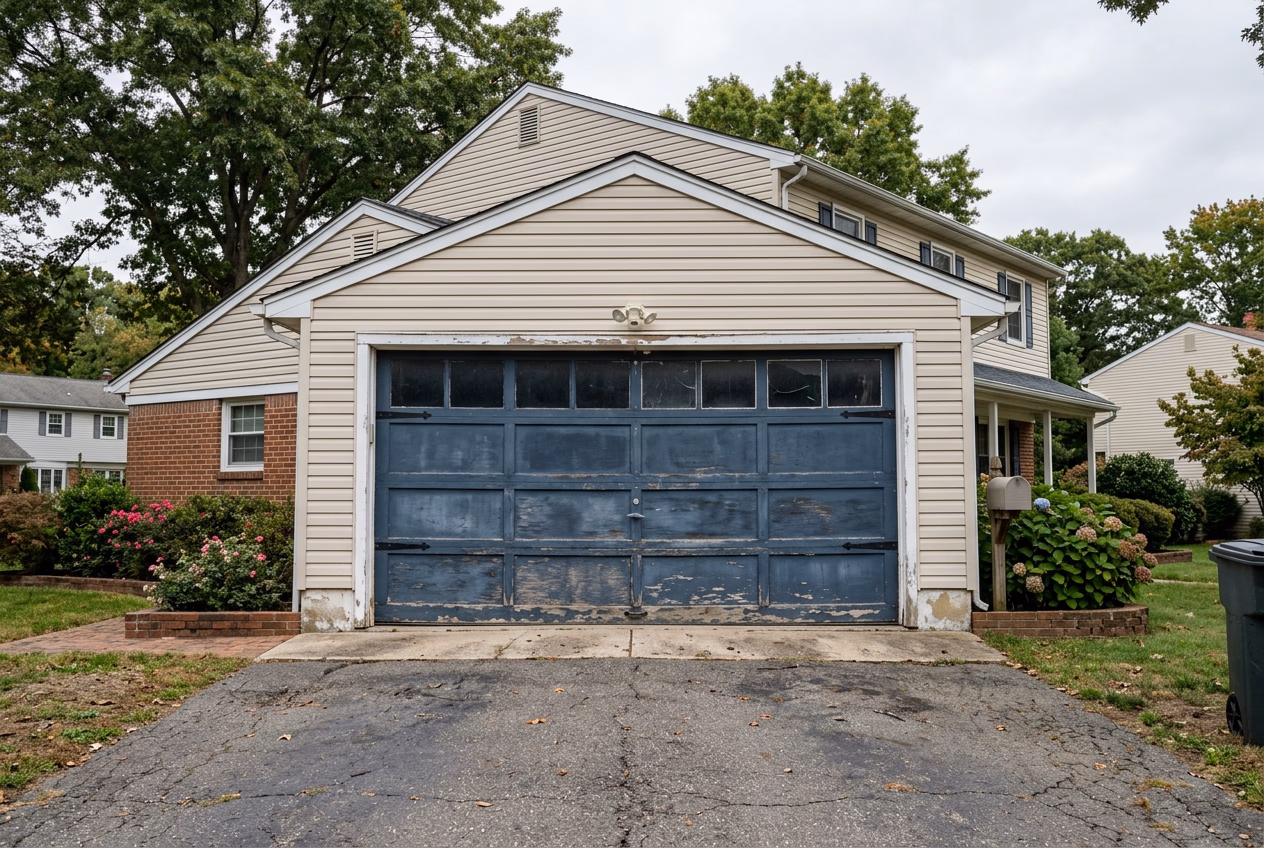 Weathered residential garage door showing signs it may need repair or replacement